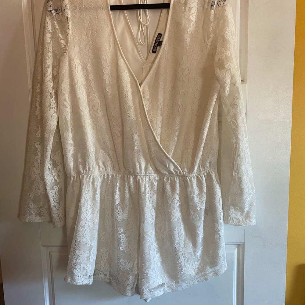 Cream lace one-piece women’s romper with sheer lace long sleeves!